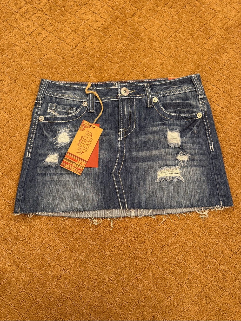 Amethyst Jeans Women's 7 Low Rise Mini Denim Skirt Blue Distressed NWT Y2K